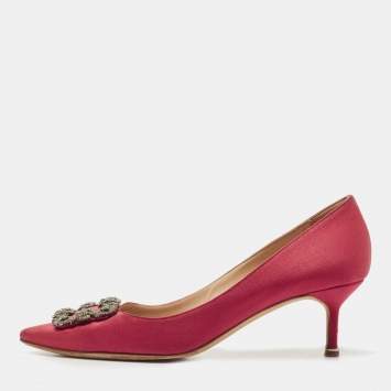Pre Owned Manolo Blahnik Red Satin Hangisi Crystal Embellished Pumps Size 40