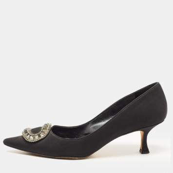 Pre Owned Manolo Blahnik Black Fabric Crystal Embellished Buckle Pumps Size 38.5 