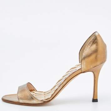 Pre Owned Manolo Blahnik Bronze Leather Open Toe Pumps Size 36.5
