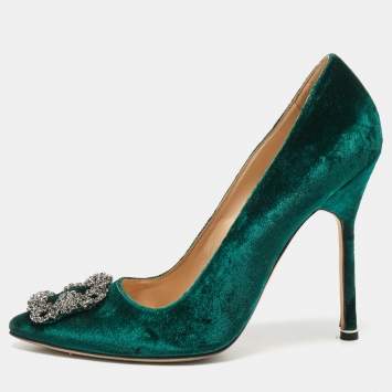 Pre Owned Manolo Blahnik Green Velvet Hangisi Crystal Embellished Pumps Size 39