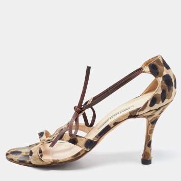 Pre Owned Manolo Blahnik Green/Brown Fabric Ankle Wrap Sandals Size 40