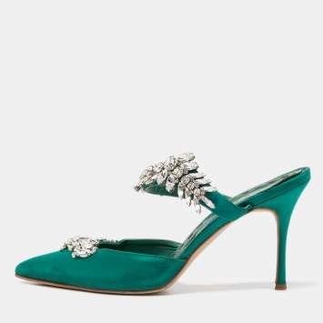 Pre Owned Manolo Blahnik Green Satin Crystal Embellished Lurum Mules Size 37.5