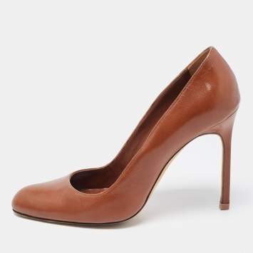 Pre Owned Manolo Blahnik Brown Leather Round Toe Pumps Size 38
