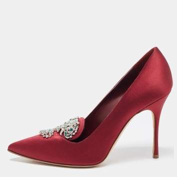 Pre Owned Manolo Blahnik Burgundy Satin Crystal Embellished Pointed Toe Pumps Size 38.5