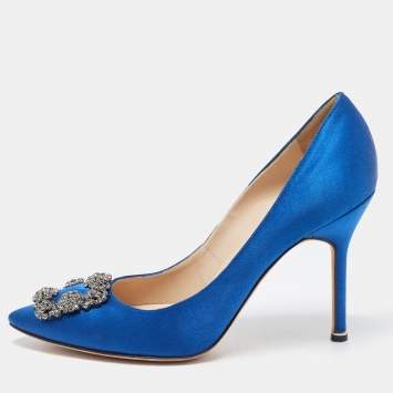Pre Owned Manolo Blahnik Blue Satin Hangisi Crystal Embellished Pointed Toe Pumps Size 39.5