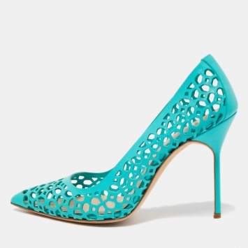 Pre Owned Manolo Blahnik Blue Laser Cut Leather BB Laserato Pumps Size 38
