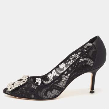 Pre Owned Manolo Blahnik Black Lace and Canvas Hangisi Pumps Size 36.5