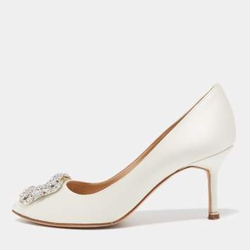 Pre Owned Manolo Blahnik White Satin Hangisi  Pumps Size 36.5