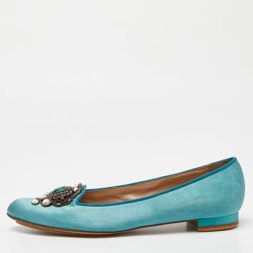 Pre Owned Manolo Blahnik Turquoise Satin Embellished Ballet Flats Size 38