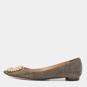 Pre Owned Manolo Blahnik Metallic Glitter Fabric Hangisi Crystal Embellished Ballet Flats Size 39