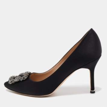 Pre Owned Manolo Blahnik Black Satin Hangisi Pumps Size 37