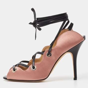 Pre Owned Manolo Blahnik Pink/Black Satin and Leather Ankle Wrap Sandals Size 36