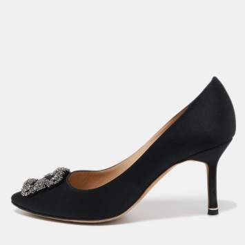 Pre Owned Manolo Blahnik Black Satin Hangisi Pumps Size 38.5