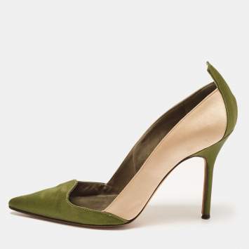 Pre Owned Manolo Blahnik Green/Beige Satin Scallop Pumps Size 38