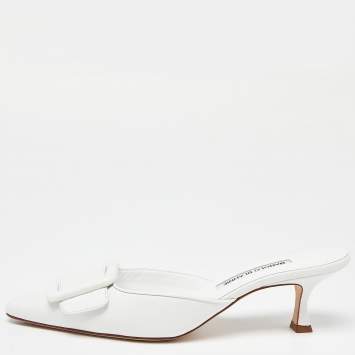 Pre Owned Manolo Blahnik White Leather Maysale Mules Size 38