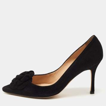 Pre Owned Manolo Blahnik Black Suede Flower Applique Pointed Toe Pumps Size 37.5