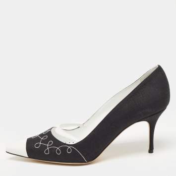 Pre Owned Manolo Blahnik Black/White Canvas And Leather Pointed Toe Pumps Size 39.5