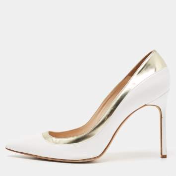 Pre Owned Manolo Blahnik White/Gold Leather Pointed Toe Pumps Size 40