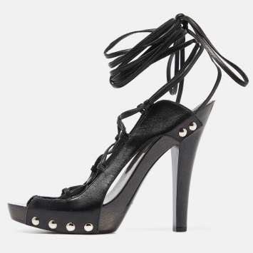 Pre Owned Manolo Blahnik Black Leather Ankle Wrap Sandals Size 41