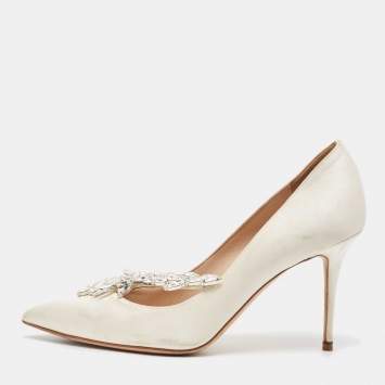 Pre Owned Manolo Blahnik White Satin Nadira Pumps Size 37