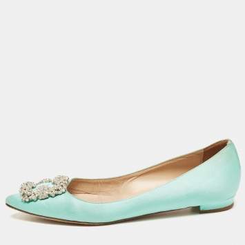 Pre Owned Manolo Blahnik Turquoise Satin Hangisi Ballet Flats Size 37