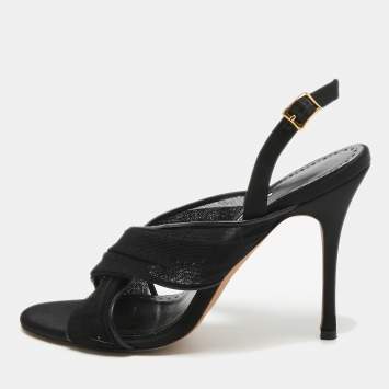 Pre Owned Manolo Blahnik Black Mesh and Leather Slingback Sandals Size 37