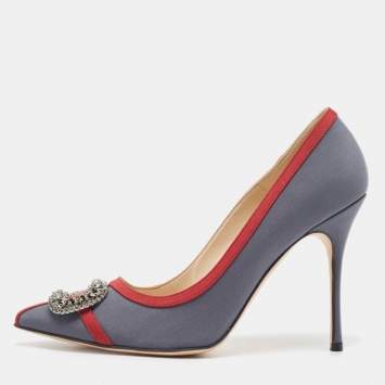 Pre Owned Manolo Blahnik Grey Satin and Canvas Gotrian Pumps Size 39