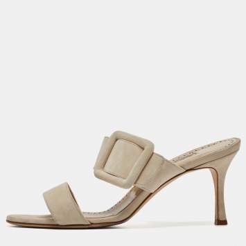 Pre Owned Manolo Blahnik Beige Suede Gable Slide Sandals Size 40