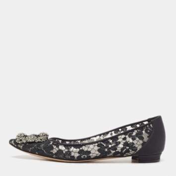 Pre Owned Manolo Blahnik Black Lace Hangisi Ballet Flats Size 37.5