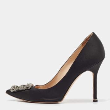 Pre Owned Manolo Blahnik Black Satin Hangisi Pumps Size 38.5