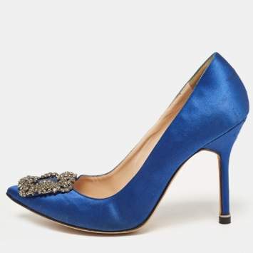 Pre Owned Manolo Blahnik Blue Satin Hangisi Pumps Size 37.5