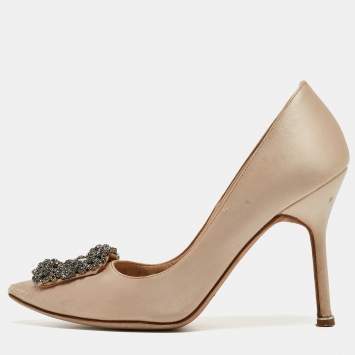 Pre Owned Manolo Blahnik Beige Satin Hangisi Pumps Size 36