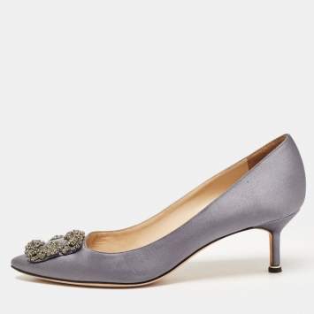 Pre Owned Manolo Blahnik Grey Satin Hangisi Pumps Size 39