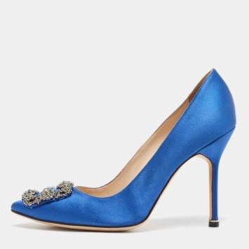 Pre Owned Manolo Blahnik Blue Satin Hangisi Pumps Size 38