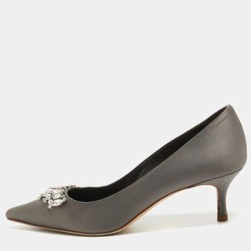 Pre Owned Manolo Blahnik Grey Satin Crystal Embellished Pumps Size 38