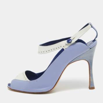 Pre Owned Manolo Blahnik Blue/White Leather Peep Toe Slingback Pumps Size 40  