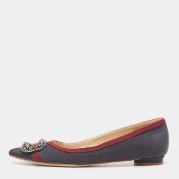 Pre Owned Manolo Blahnik Grey/Burgundy Fabric Gotrian Ballet Flats Size 37