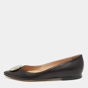 Pre Owned Manolo Blahnik Black Leather Pointed Toe Ballet Flats Size 37