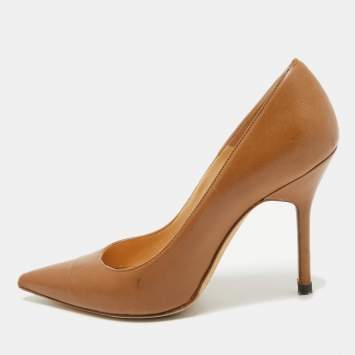 Pre Owned Manolo Blahnik Brown Leather BB Pointed Toe Pumps Size 36.5