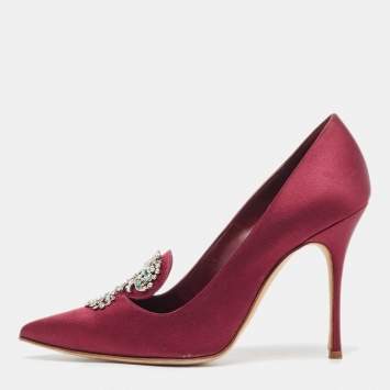 Pre Owned Manolo Blahnik Burgundy Satin Chilanghi Pumps Size 37