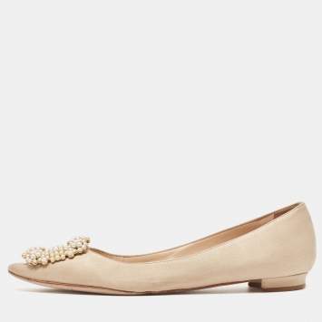 Pre Owned Manolo Blahnik Beige Satin Hangisi Ballet Flats Size 36