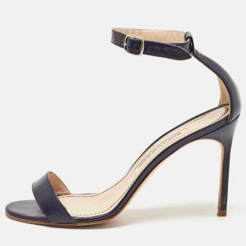 Pre Owned Manolo Blahnik Navy Blue Leather Chaos Ankle Strap Sandals Size 37.5