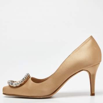 Pre Owned Manolo Blahnik Beige Satin Pumps Size 38.5