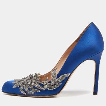 Pre Owned Manolo Blahnik Blue Satin Embellished Swan Pumps Size 37