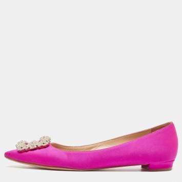 Pre Owned Manolo Blahnik Pink Satin Hangisi Crystal Embellished Ballet Flats Size 38.5