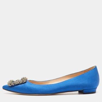 Pre Owned Manolo Blahnik Blue Satin Hangisi  Flats Size 37 
