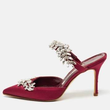 Pre Owned Manolo Blahnik Burgundy Satin Lurum Heel Mules Size 35