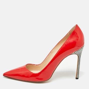 Pre Owned Manolo Blahnik Red Patent Leather Pointed Toe Pumps Size 40