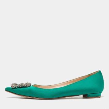 Pre Owned Manolo Blahnik Green Satin Hangisi Ballet Flats Size 37.5