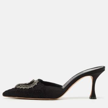 Pre Owned Manolo Blahnik Black Satin and Lace Crystal Embellished Mule Sandals Size 37